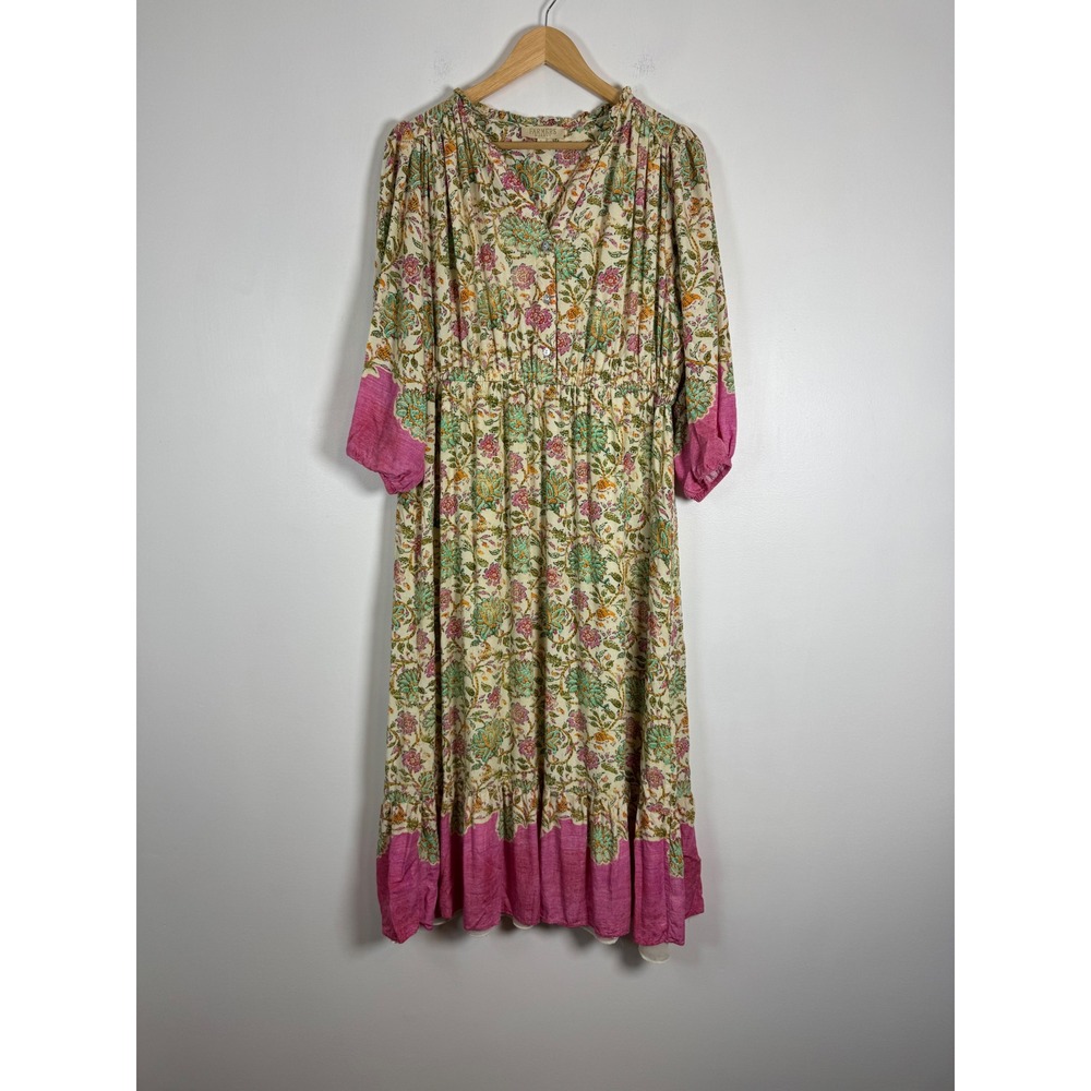 Boho Cottagecore Farmers Market Women Large Midi Dress Floral Pink Cream Ruffle